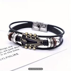 Vintage Guitar Head Bracelet Black – Leather Rock Music Bracelet Unisex